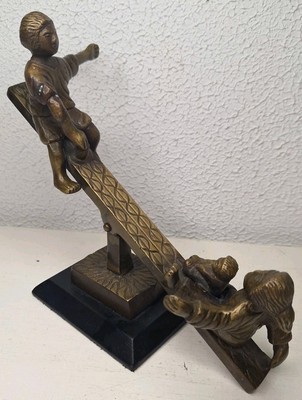 Antique Figural Brass Desk Boy, Girl & Child Seesaw See Saw Teeter Figure 