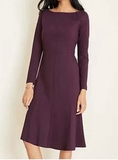 NWT ANN TAYLOR Burgundy Ponte Rayon Knit Flared Hem Career Dress L/S Sz.14
