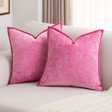 Hot Pink Chenille Throw Pillow Covers 18x18 Inch Set of 2,Soft Cozy Bound Edg...