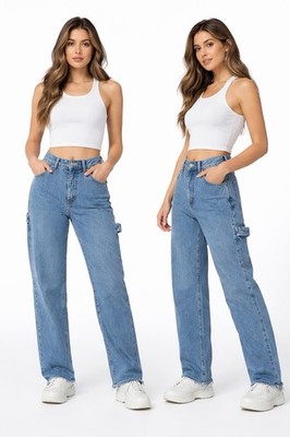 The Kript Womens XS High Rise Carpenter Jeans Medium Wash Straight Raw Hem 25