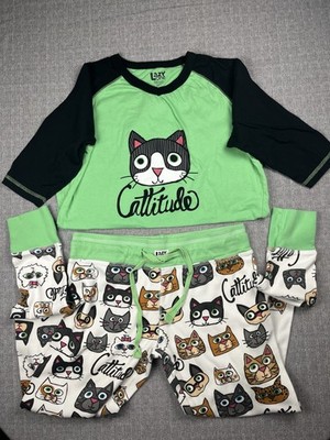 Lazy One Pajamas Womens Small Cattitude 2 Piece Set Joggers Raglan Top Cat Lover