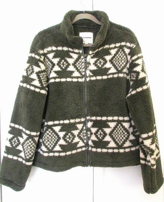 LUCKY BRAND GEO PRINT FAUX FIR ZIP TEDDY JACKET,  SIZE LARGE, TAUPE