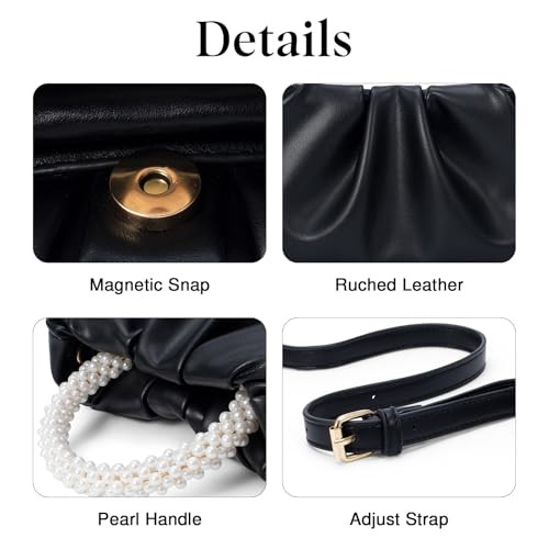 Women Evening Bags Pearl Clutch Purses Soft Leather Ruched Crossbody Black - Picture 5 of 6