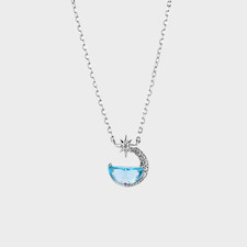 925 Sterling Silver Moon Pendant Necklace Blue CZ Crescent Star Cosmos