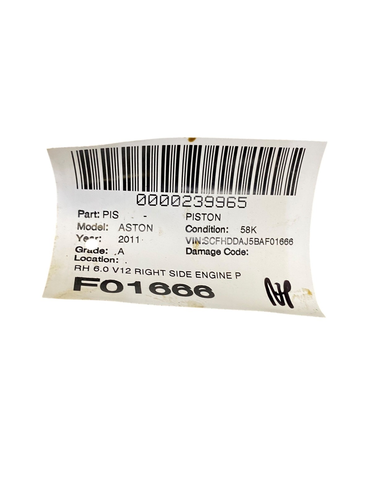 2010-2014 Aston Martin Rapide DDAJ 6.0 V12 RIGHT ENGINE PISTON W/ CONNECTOR ROD