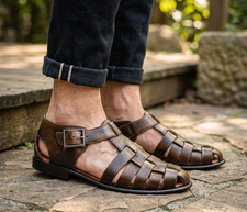 Sandalias de pescador de cuero marrón hechas a mano para hombre tejidas Huarache enjauladas zapatos de verano