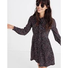 Madewell Long Sleeve Balsam Tie Neck Mini Silk Dress in Starry Night Black 4