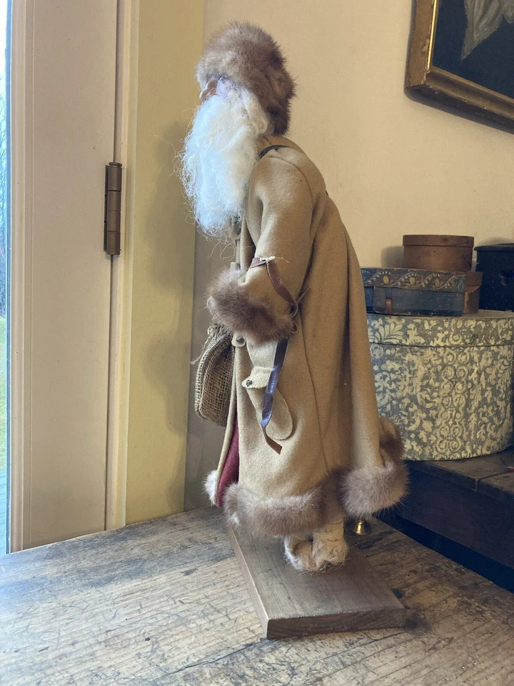 Vintage Primitive Country Store Santa Clay Face Real Fur Hat 22" Signed - Image 4 of 4
