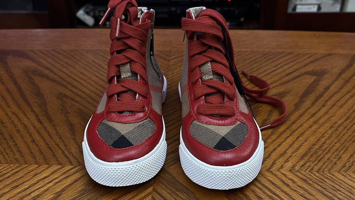 Burberry Children Toddler High Top Sneakers Check Canvas Red Burberry Children Toddler High Top Sneakers Check Canvas Red