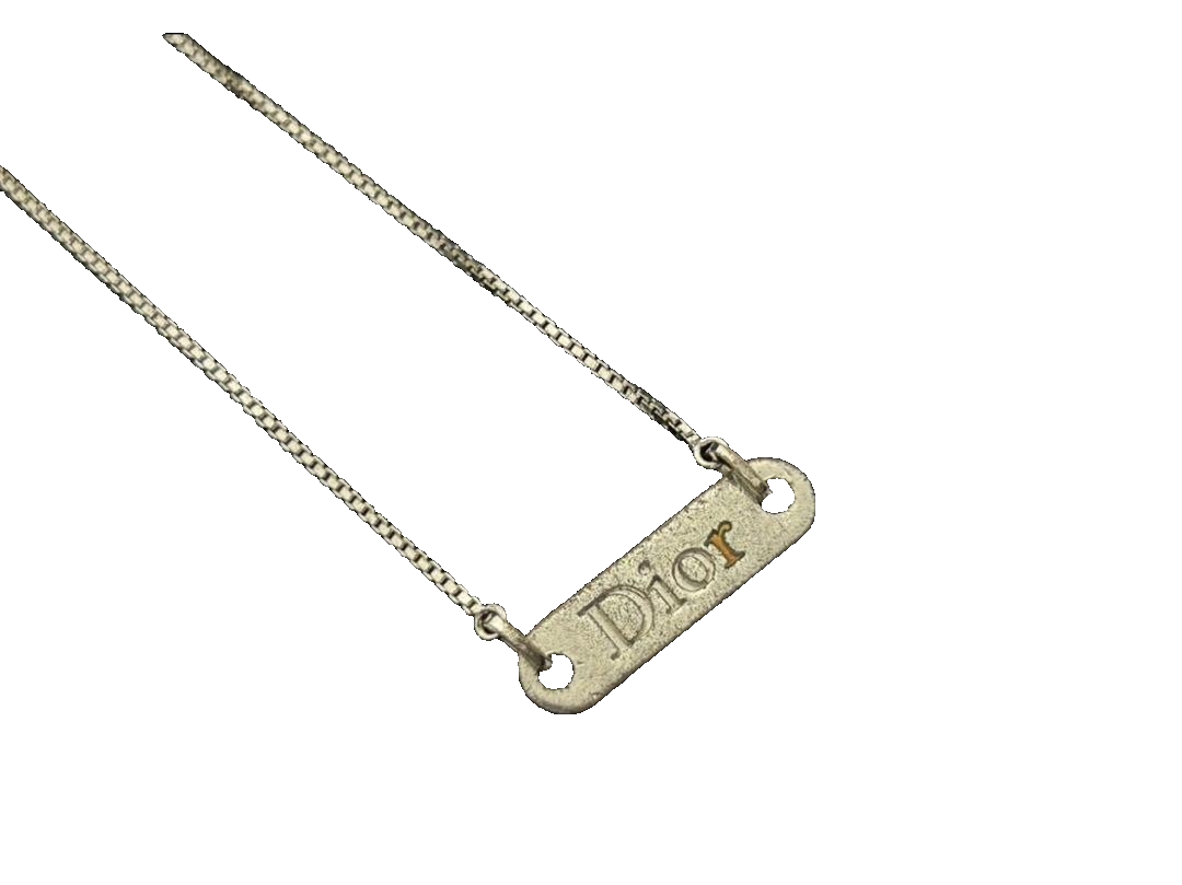 Christian Dior Logo Plate Necklace Silver auth