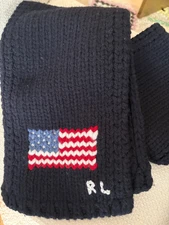 Polo Ralph Lauren Navy Heavy Gauge Dense Knit 100% Wool Flag Scarf NWT $158