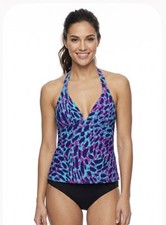 Victoria's Secret Women s Turquoise Pink Leopard Print Push-Up Tankini Top Sz L