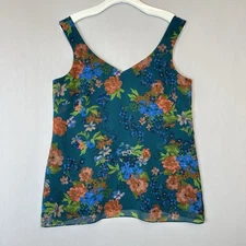 Cabi Tank Top Womens Medium Blue Orange Floral V Neck Wide Strap