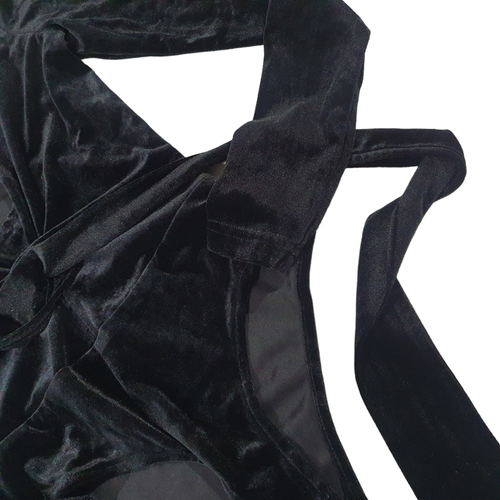 Lioness Size XS Black Stretch Velvet Long Sleeve Plunge Neck Tie Waist Bodysuit - Picture 3 of 8