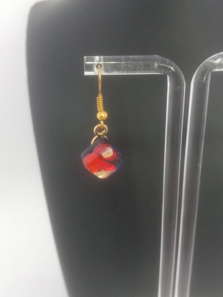 Signed "Murano Glass" gold tone red dark blue Diamond Shape Hook Earrings - Image 2 of 4