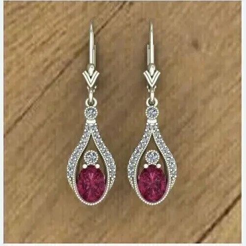 2.50Ct Oval Cut 14K White Gold Plated Lab-Created Red Ruby Drop/Dangle Earrings - Picture 3 of 7