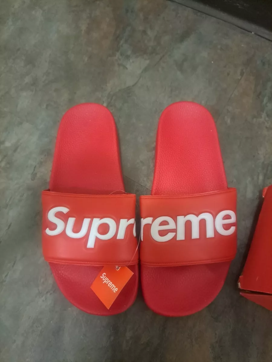 Yeezy Red Slides Supreme Logo on the Upper For Sale