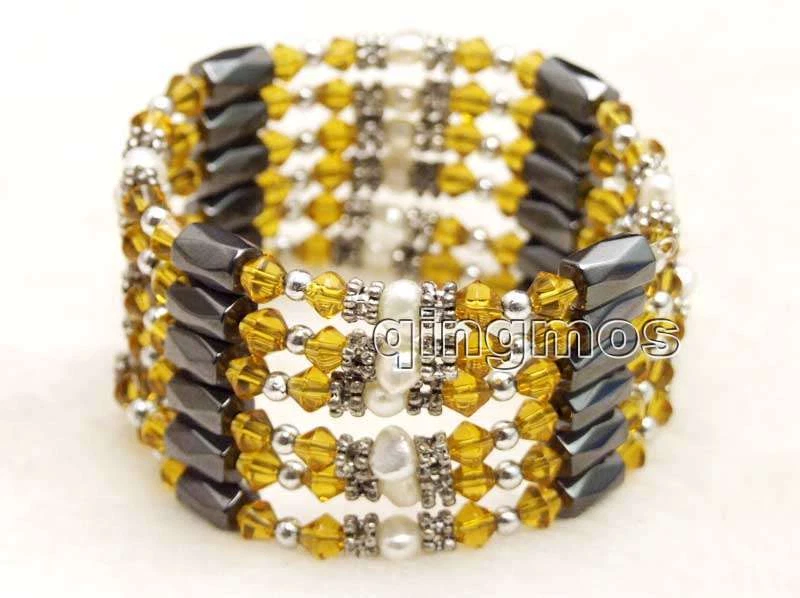 4-5mm White Pearl Bracelet for Women Orange Crystal Black Hematite Magnetic 36'' - Image 2 of 4