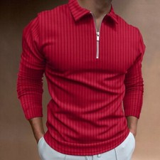 Polo Shirts Men Zipper Collar Long Sleeve Striped Red Golf Zip Pinstripe Classic