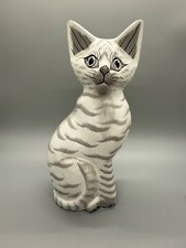 White Cat Wooden Figurine Hand Carved Hand Painted Big Eyes Primitive Folk Art