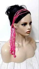 crochet womans handmade gypsy headband hair scarf boho pink habiscus USA