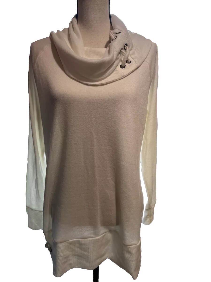 Ivory Large Cowl Neck Sweater Tunic With Collar & Side Braid Accents W/Spandex