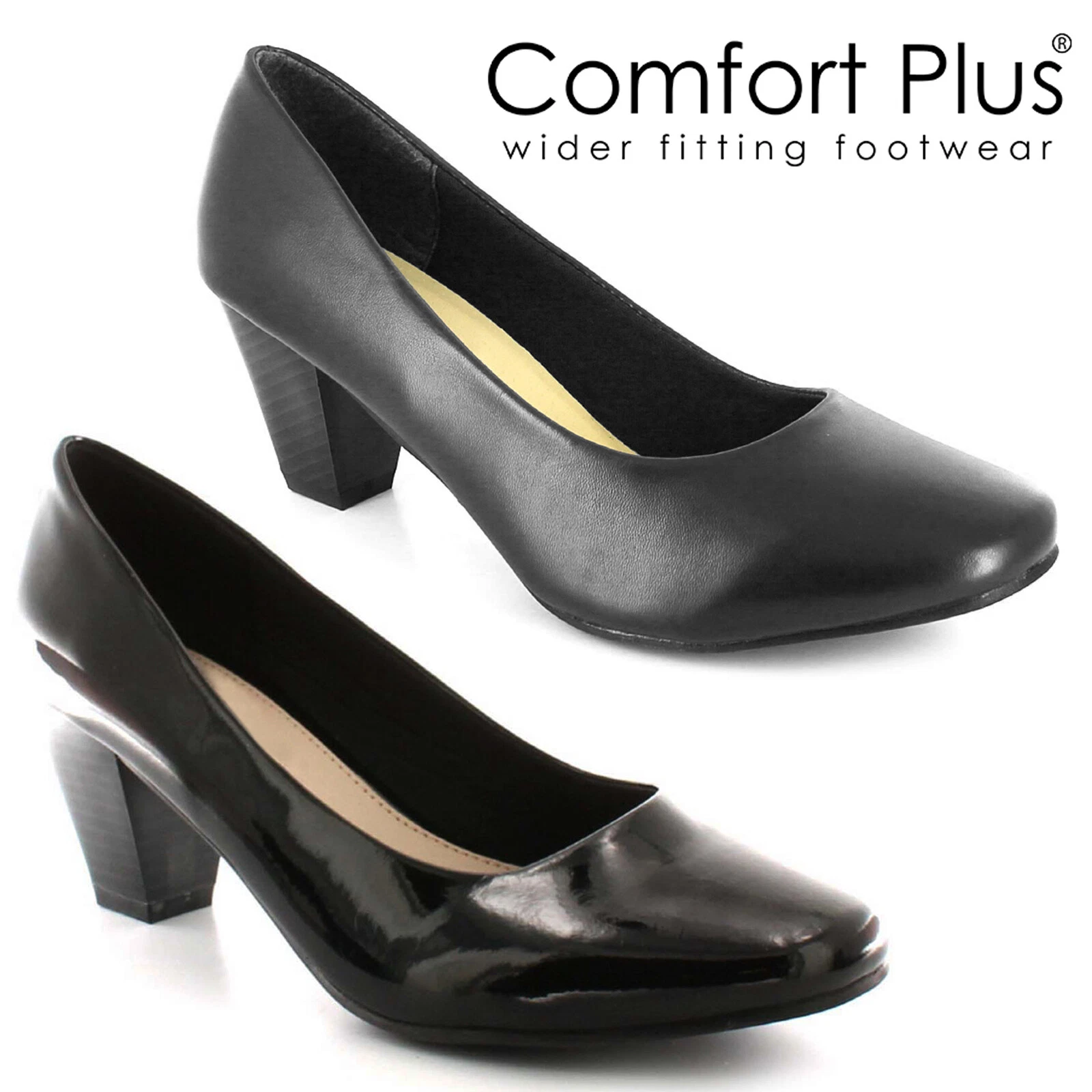 LADIES WOMENS COURT SHOES CLASSIC CASUAL FORMAL WORK WIDE FITTING LOW MID HEELS