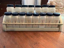 Vintage Griffith Milk Glass Spice Jar Set, 15 Bottles Blue Lids and Rack