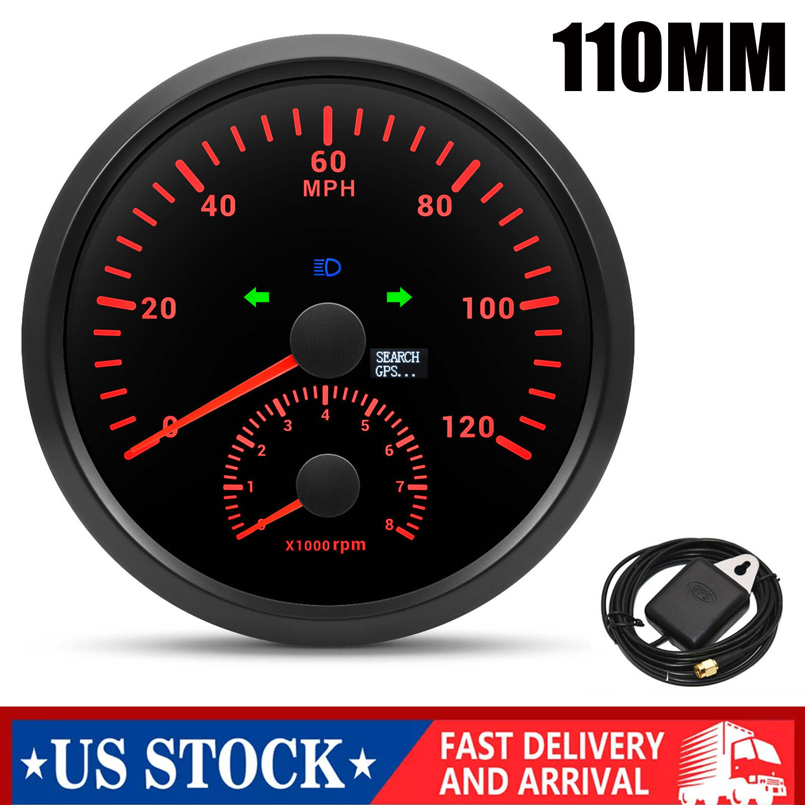 110MM Black GPS Speedometer 0-120MPH with 8000RPM Tachometer for Car Boat ATV