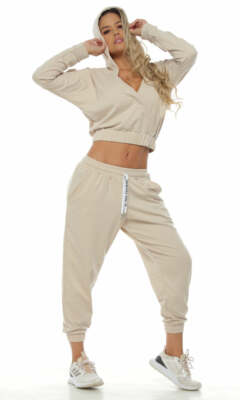 SotiuFit Jogger Sweatpants Crop Top Hoodie Set Beige Sand