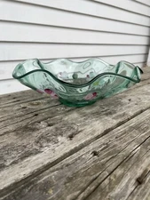 Vintage Fenton Rose Iridescent Satin Hand Painted Roses Bowl Dish  L Everson