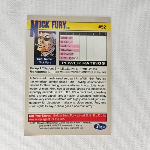 1991 Marvel Universe #52 Nick Fury Series 2 Super Heroes Impel - Picture 2 of 2