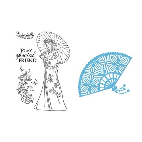 HUNKYDORY Moonstone Die ~ ORIENTAL FAN & A6 Stamps Set ~ ORIENTAL LADY (4pcs) - Picture 2 of 6