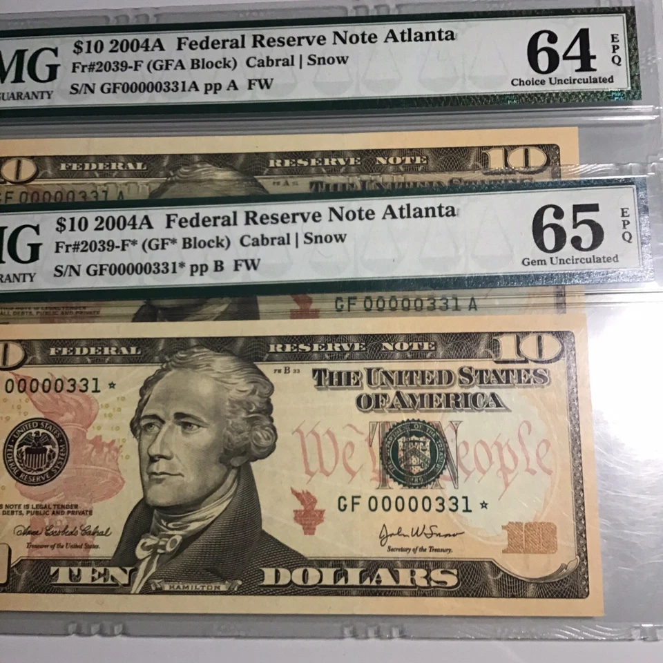 FR-2039-F*✅ 2004-A $10 FRN ➡️ 00000331*Star And Matching Gem Ser#331.PMG 65&64 - Image 2 of 4