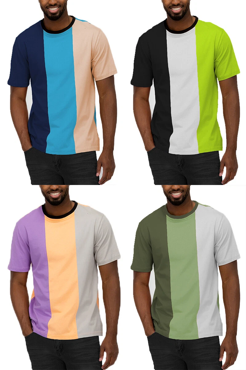 Mens Cotton Summer Fashion Vertical Stripe Color Block Tshirt