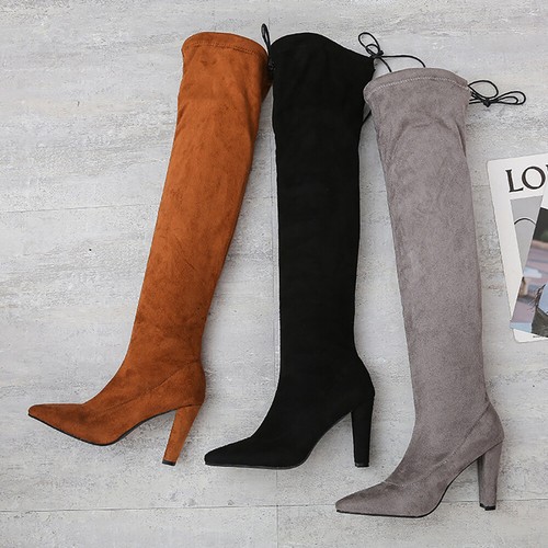 Women S Thigh High Boots Ladies Stretchy Winter Lace Up Over Knee Long Heel Shoe Ebay