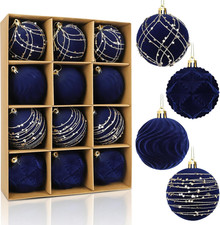 12Pcs Velvet Christmas Balls Navy Blue 3.15Inch Flocked Shatterproof Hanging Bal