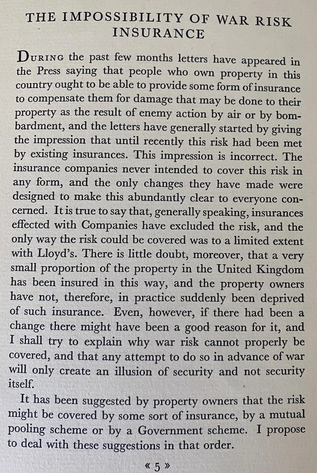 THE IMPOSSIBiLITY OF WAR RISK INSURANCE by Sir William P Elderton 1938 Economics - Image 4 of 4