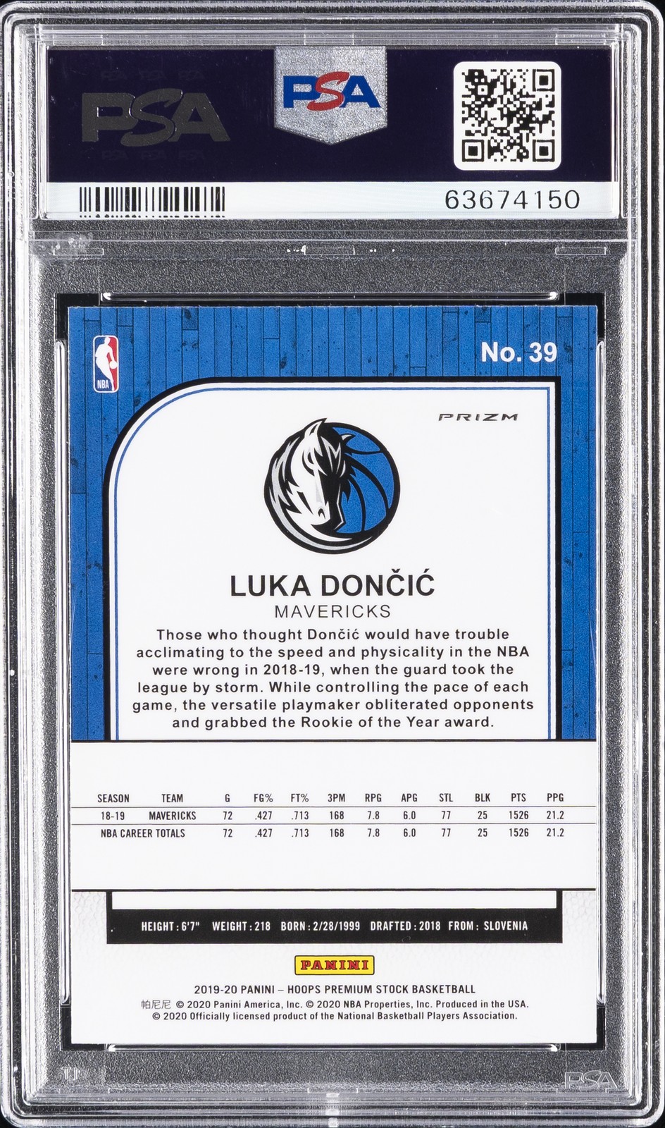 2019 PANINI HOOPS PREMIUM STOCK GOLD PULSAR #39 LUKA DONCIC PSA 10 view 2