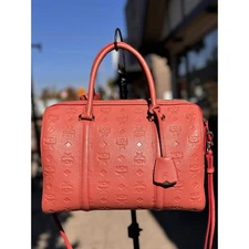 MCM Mauve Calfskin Visetos Leather Embossed Monogram Boston Satchel Handbag