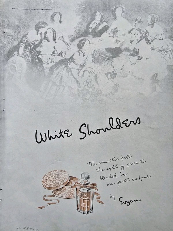 1948 Evyan White Shoulders perfume bottle Vintage original Ad 