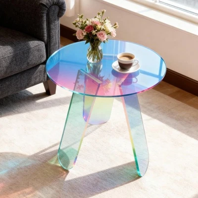 Small Round Iridescent Side Table Clear Rainbow Acrylic End Table Living Room AU - image 1 of 4