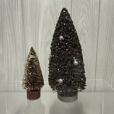 LOT 2 Bottle Brush Tree KD Vintage 3.5'' w/ Red Accents & 6'' w/Silver Accents
