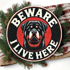 Vintage Rottweiler "Beware I Live Here" Aluminum Tin Metal Signs Home D cor 8x8