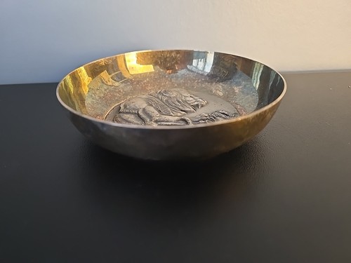 Antique Vintage Bowl Metal Argument Silver Plated French Souvenir Lion Snake Old - Picture 2 of 8