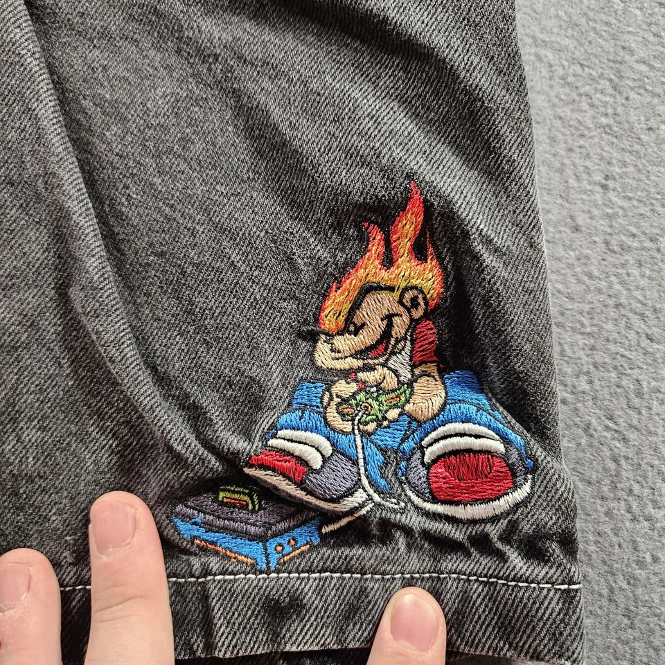 Pantalones Cortos Vintage Flamehead JNCO Niños Talla 7 Negro Denim Gamer Bordado Logo Y2K Foto 2 de 4