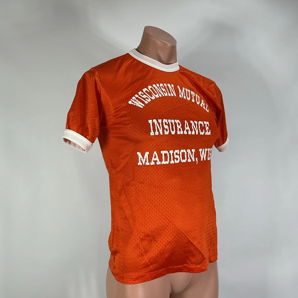 Camiseta deportiva de béisbol de colección años 80 Madison Wisconsin seguro mutuo para hombre pequeña naranja Foto 4 de 4