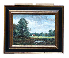 Pintura al óleo sobre madera firmada Rolf Heider paisaje enmarcado cerca de Dachau