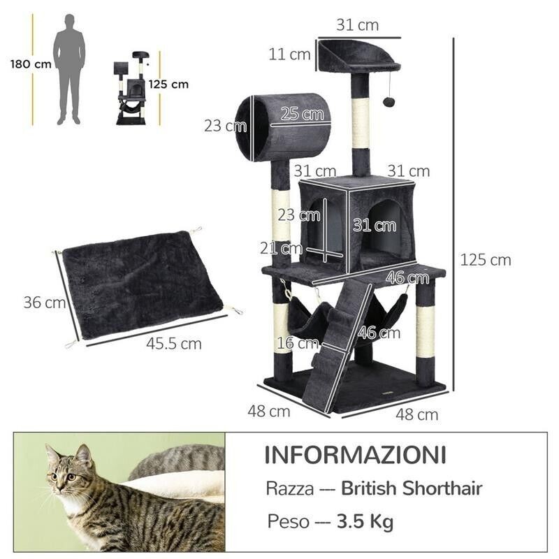 Tiragraffi per gatti con casetta, amaca, tunnel, letto 48x48x125 cm grigio foto 2