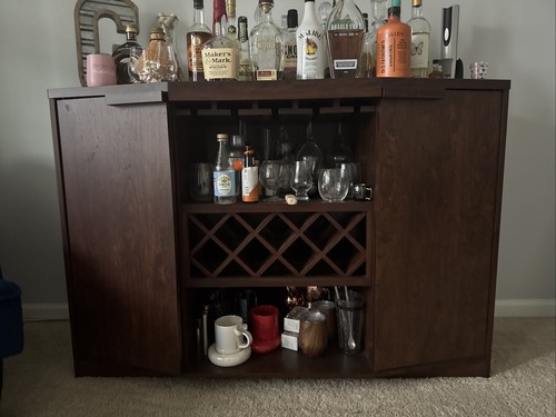 Bar Cabinet Dark Wood Wine Rack Liquor Storage Console – MUST SELL 